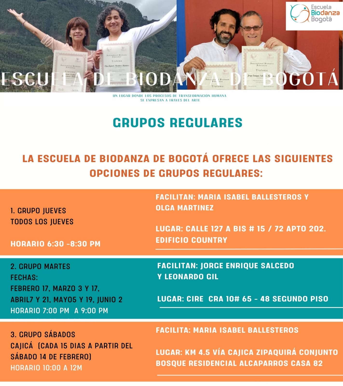 Grupo regular de Biodanza en Bogotá, martes y jueves.