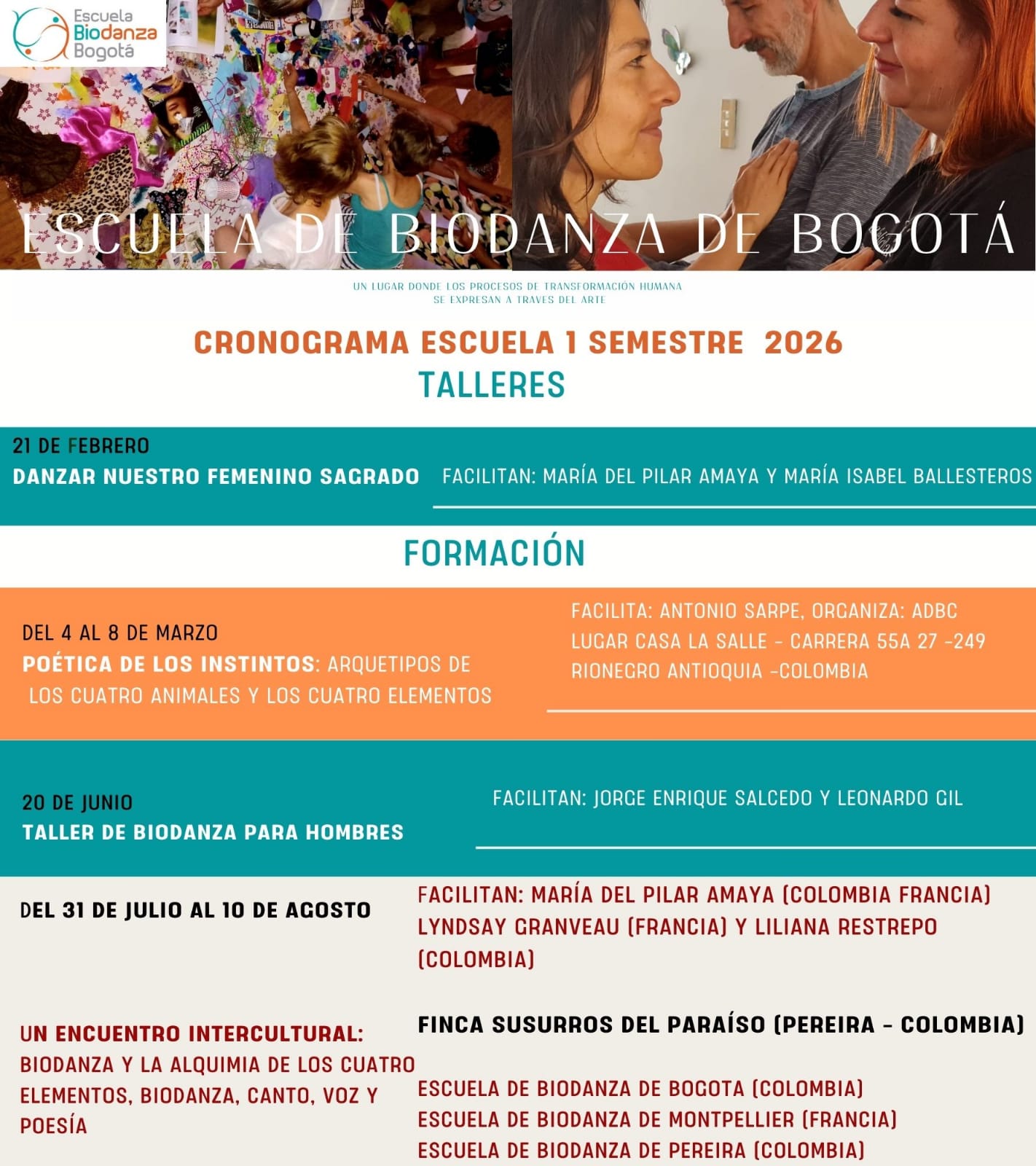 Cronograma Talleres Escuela Biodanza de Bogotá Febrero - Agosto.